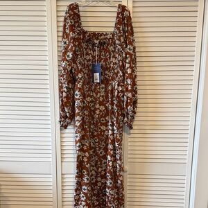 La Ligne Rust Floral Smocked Square-Neck Maxi Dress with White Print